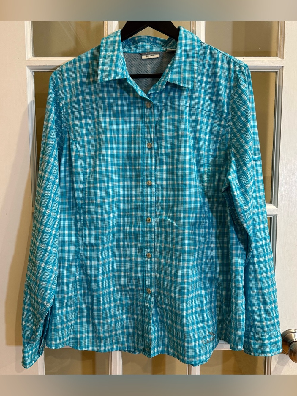 L.L. Bean Women Outdoor Activewear Teal Plaid Technical Long-Sleeve Shirt XL